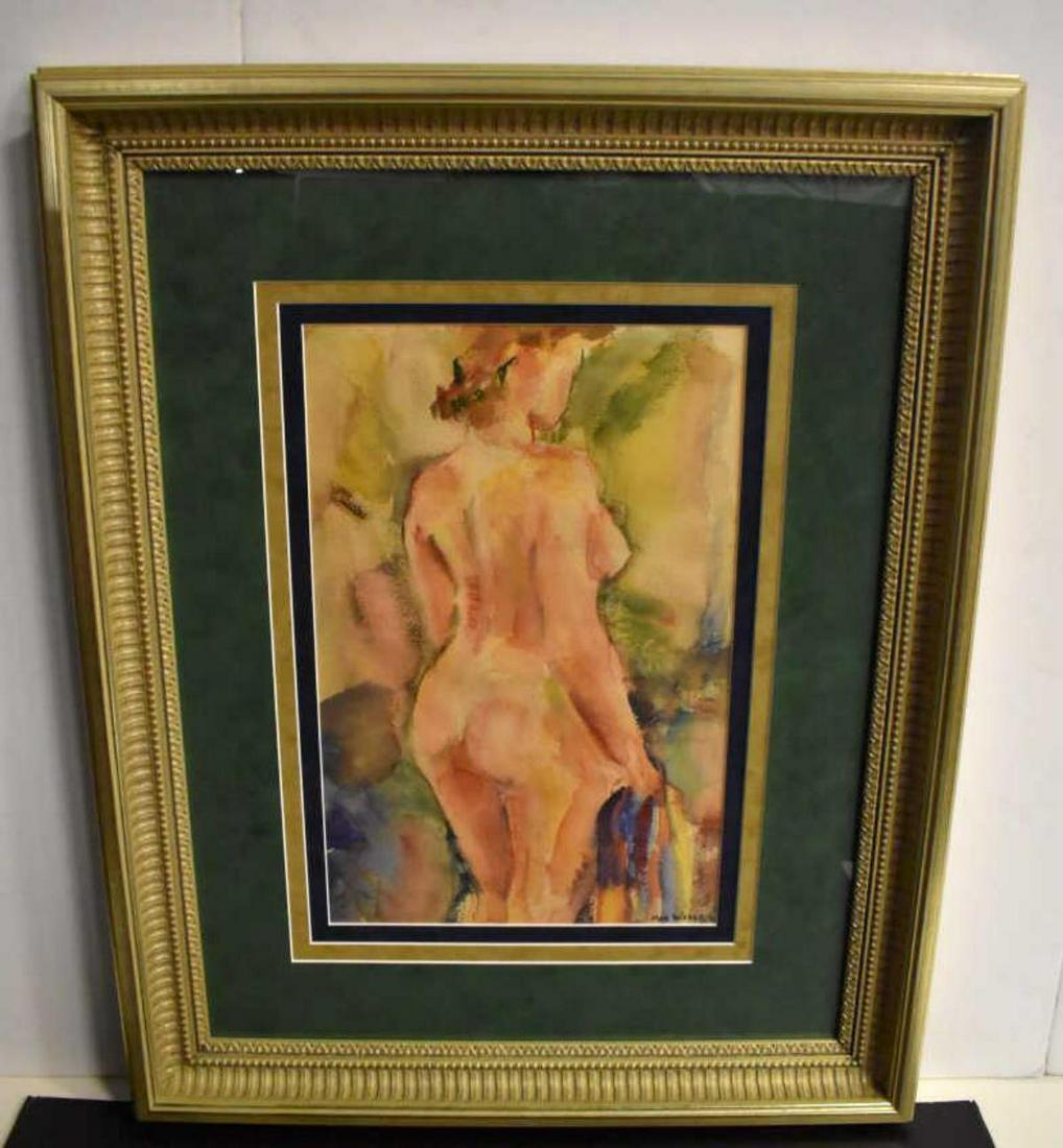 Watercolor Painting By Max Weber: Watercolor Painting By Max Weber. Measures 24 1/2" 30 1/2". Gold frame. Double matted. Artist signature located in lower right hand corner. Depicted a woman nude. Artistic frame sticker on the back.