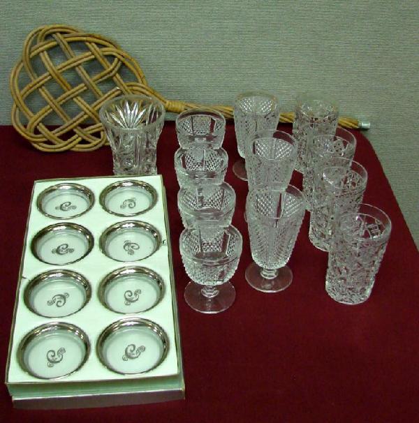 11 Crystal Glasses, Pressed Glass Vase & Rug Beate: 11 Crystal Glasses, 4 water, 3 sherbet & 4 champagne, Pressed Glass Vase, a Vintage Rug Beater, and 8 silver rimmed coasters.