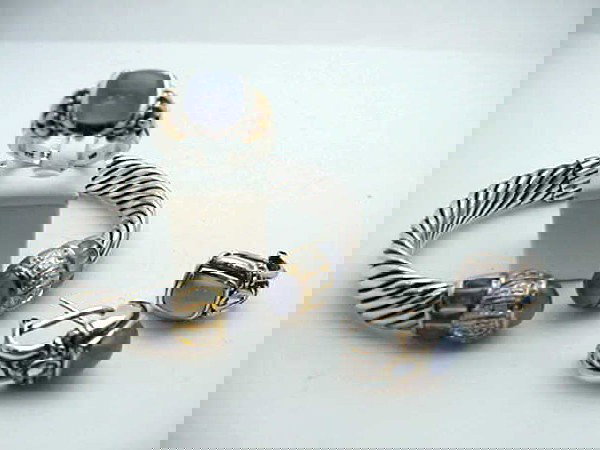 Set of sterling and chalcedony,diamond jewelry: Set of sterling jewelry including bracelet with diamonds and chalcedony with 14ky overlay, ring with channel chalcedony and 14ky and earrings with tanzanite and chalcedony with omega backs.