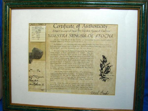 Framed Atocha Coin 8 Reale Grade 4 Mel Fisher: Framed Atocha 8 Reale Grade 4 Mel Fisher, Framed size - 15 3/4" x 12 3/4"