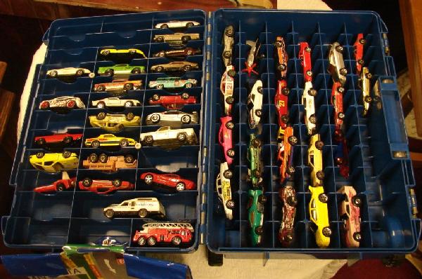 Lot of 46 Vintage Hot Wheels Cars, 3 racers +: Lot of 46 vintage hot wheels from 1969 through 1990's, in carrying case, 2 Nascar model cars 1/18 scale, 1 Mustang 1/18 scale, 1 figurine of Miguel Cabrera on a stand, and 15 Florida Marlins Lucite en