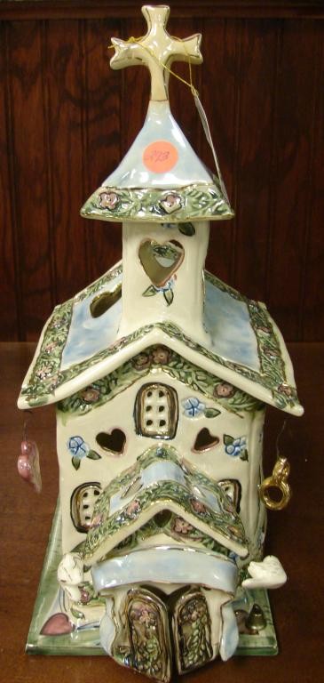 Clayworks Ceramic Wedding Chapel, & Noah's Ark: Noah's Ark with 4 pewter figurines, Clayworks Wedding Chapel by Heather Goldmisc (can be personalized) with COA, and 7 assorted Krystodia figurines made in England.