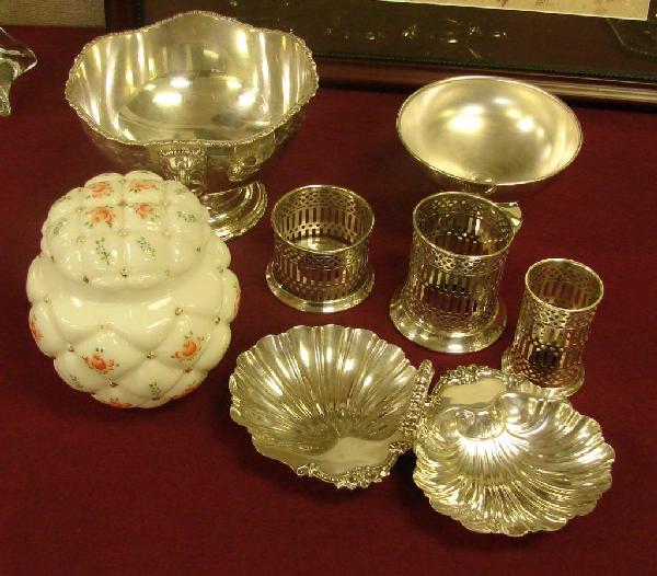 Silver Plate Lot incl. Bowl w/Lion handle,: Silver plate lot including a bowl with lion's head handle, 3 candle holders, 2 part nut dish, and an adjustable stand to hold different size serving dishes.