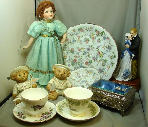 Box Lot: Music Boxes, Lenox Bears, Porcelain Cups: Box lot: Ceramic face doll, 2 Lenox bears, 2 Cups & Saucers (1 is Royal Doulton_, Gone with the Wind Music Box featuring Melanie & Ashley, Butterfly Music Box (plays Candle in the Wind),4 pcs. of Porc