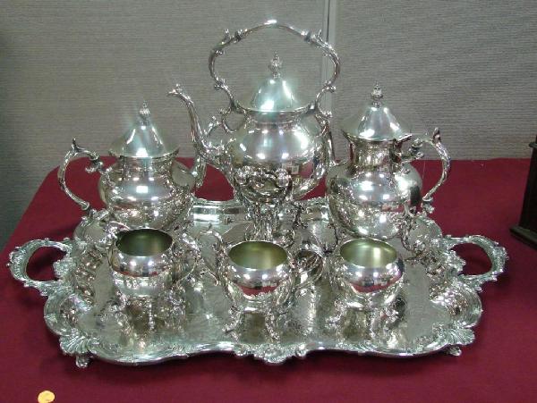 Silver Plate Tea Set: Tray, Coffee & Tea Pots, etc: Silver Plate Set with English hallmarks, tray measures 29" x 18" handle to handle, coffee pot, tea pot, warming pot, sugar, creamer and waste bowl. Very nice condition.