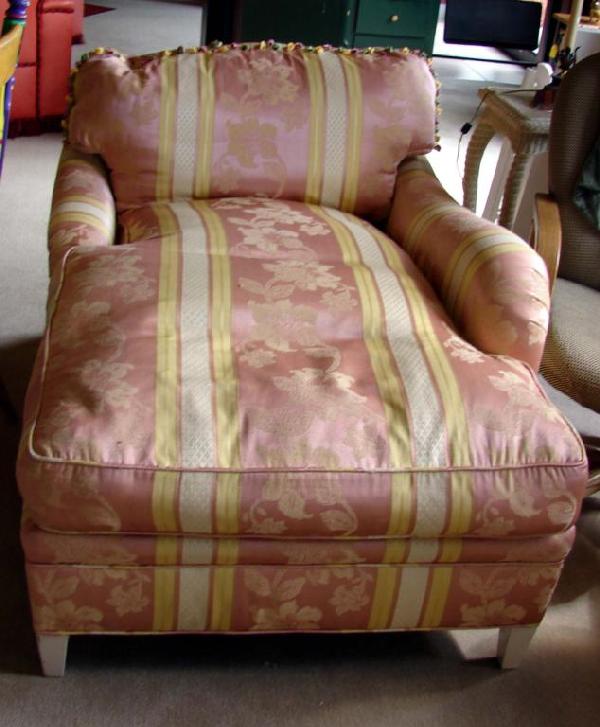 Damask Upholstered "Fainting" Couch Chaise: Damask Upholstered Fainting Couch or Chaise Lounge, trimmed with ball fringe..