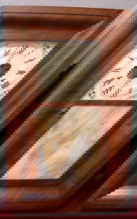 Antique New Haven Ct. Regulator Wall Clock: Antique New Haven Ct. Regulator Wall Clock , comes with keys, pendulum and weights, 26" tall x 15.5" wide, with slag glass inset on case. Probably dates to late 1800's to the early 1900's.