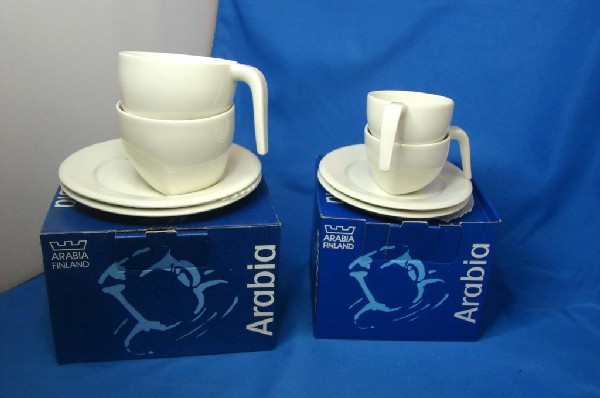 8 Arabia Coffee Cups & Saucers, 8 Espresso C&S: Set of 8 coffee cups and saucers and 8 espresso cups and saucers, EGO pattern, made by Arabia of Finland. Arabia stoneware is oven proof, freezer proof, dishwasher proof, and almost chip-proof. New in