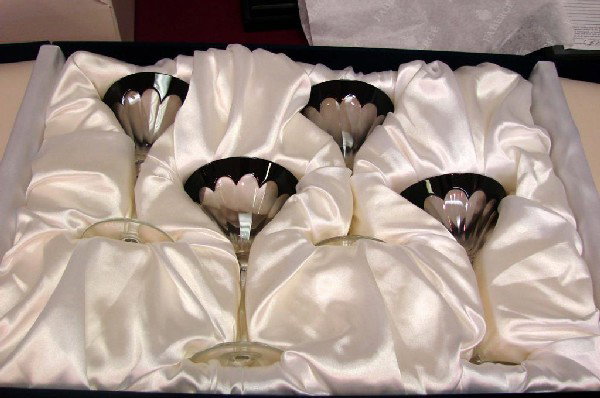4 Faberge Grand Duke Martini Glasses in Velvet Box: 4 Faberge Grand Duke Black Cut to Clear Crystal Martini Glasses in satin lined Velvet Box; glasses are 7" tall; box is 20" x 14". NEW - never removed from box.