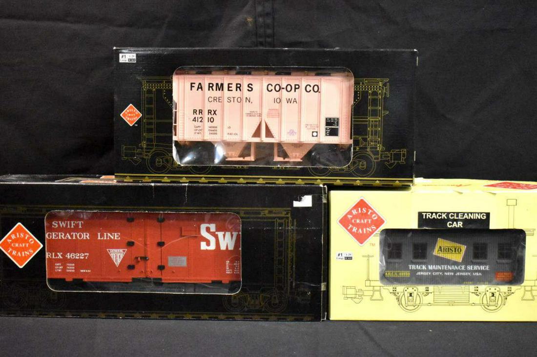 Lot of 3 Aristo "G" Gauge Model Train Cars Boxed: Lot of 3 Aristo Craft "G" Gauge Model Train Cars in Boxes. All in good condition, in open boxes. This listing will include 1-Track Cleaning Car 46950, 1-Steel Reefer Car 46227 Swift/Swift Meat Co., al