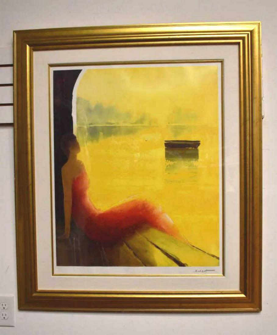Seriolithograph by Emile Bellet (France 1941-): Seriolithograph by Emile Bellet (France 1941-). "D'or et de Reve", depicting a reclining lady in a red dress, cloth matted in a gold frame, 42 1/4"h. 36 1/4"w.
