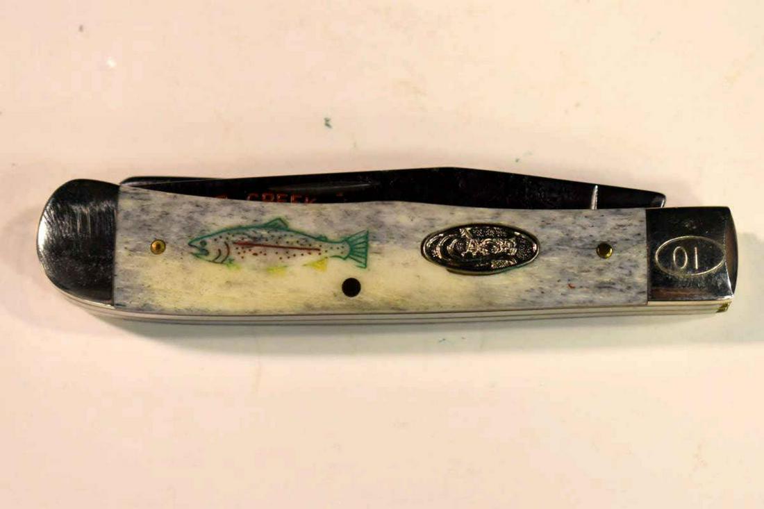 Case Trapper XX Pocket Knife B254 SSP Serial #1: Case Trapper XX Pocket Knife B254 SSP Grey/Blue Smooth Bone Handle Beaver Creek Cutlery Serial #1 Seymour Mo. Lake Taneycomo 1988. Number 1 in a series of 50. Rainbow Trout "2nd of a 5 year series" Ja