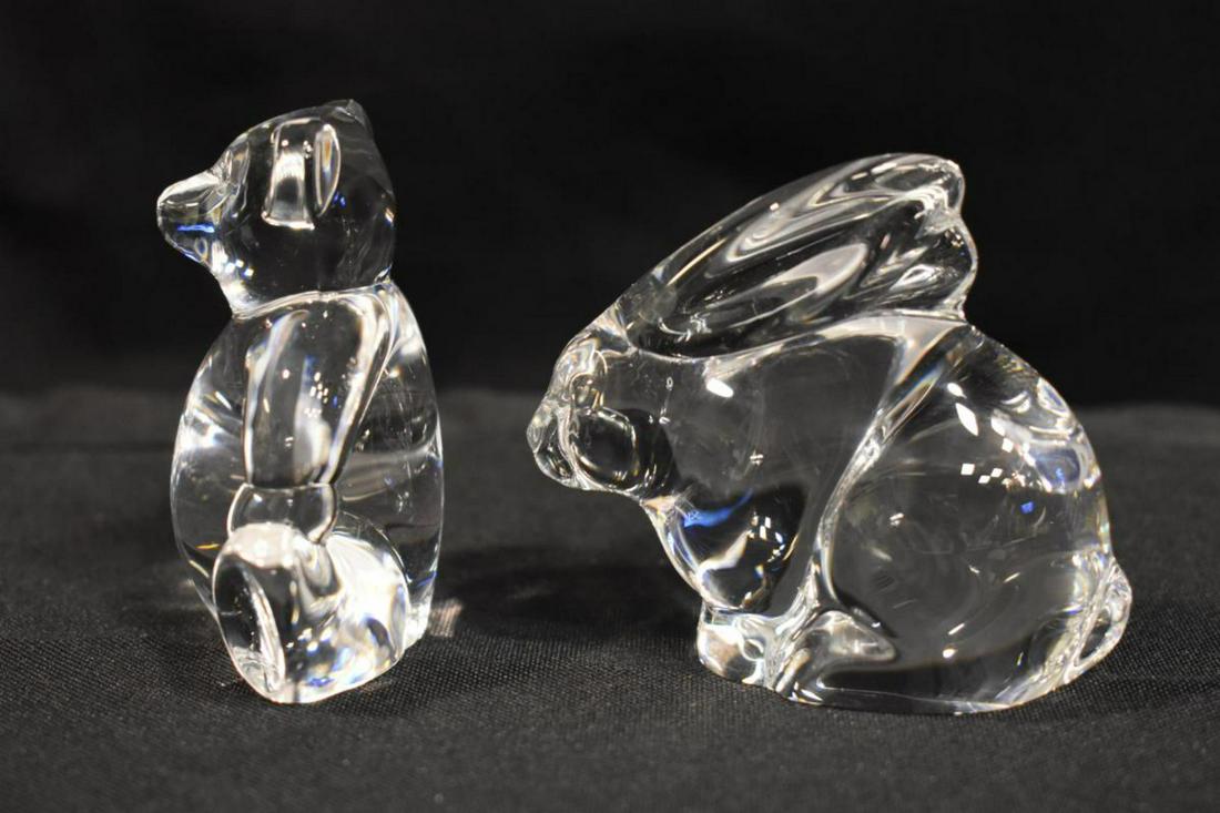 Pair of Steuben Figural Hand Cooler Colorless: Pair of Steuben Figural Hand Cooler Teddy Bear & Rabbit Colorless Crystal Great Condition Signed on Underside. Teddy Bear & Bunny Rabbit Hare Paperweight. Steuben Pouch & Paper "Renewal".