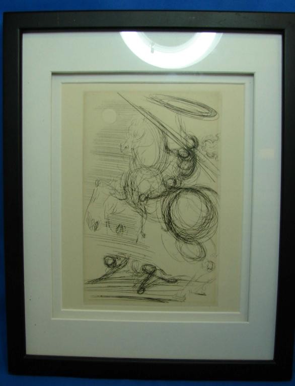 Original Etching by Salvador Dali of Don Quixote: Original etching by Salvador Dali - with authentication on back from Societe de Verification de la Gravure Internationale of New York and Paris, double matted and framed; 12" x 15".
