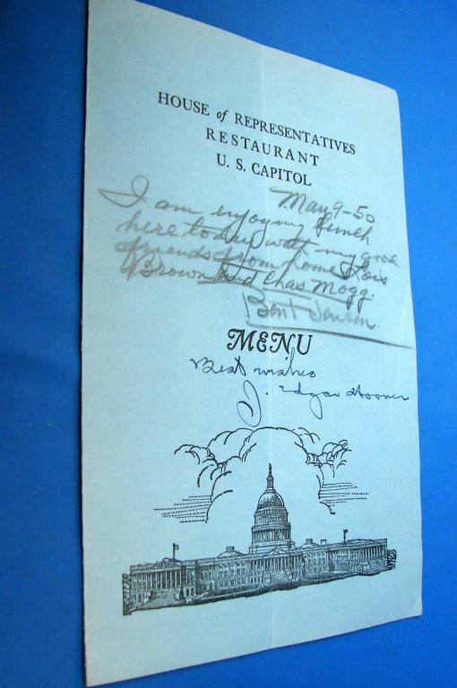 J. Edgar Hoover Autographed Menu 1950 U. S. House: 1950 Menu from the House of Representatives Restaurant in the U. S. Capital signed by J. Edgar Hoover with a note in pencil from the autograph seeker identifying the date & place.