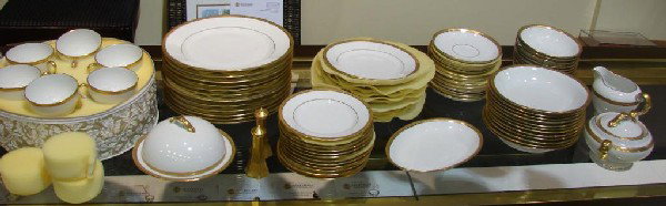 81 pcs. Gold Rim Victoria Czechoslovakia China: Vintage Gold Rim Victoria Czechoslovakia China: 12 ea. dinner, lunch & bread plates, rimmed soup bowls, cups & saucers, 1 cov'd sugar & creamer, butter dish w/lid & insert, small serving plate, gold s
