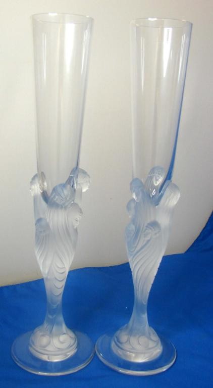 Pair of Erte Lalique Majestique Champagne Flutes: Pair of Erte Lalique Majestique champagne flutes, signed; never used; no chips, cracks or scratches. 11.75" tall.