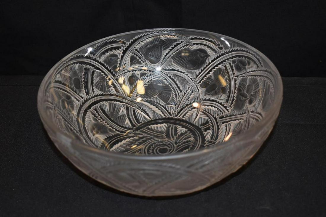Lalique Vines & Finches Cut Clear Crystal Bowl: Lalique Vines & Finches Patterned Cut Clear Crystal Bowl, Etch Signed on Underside Near Center. 9.25" diameter, 3.75" high. This "Pinsons" bowl was designed by Rene Lalique in 1933 & launched again fo