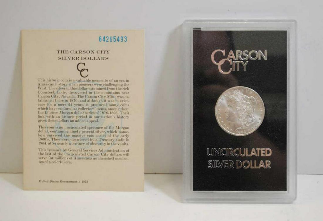 1884 Carson City Morgan w/ GSA & Papers: 1884 Carson City Morgan w/ GSA & Papers. In BU Condition. Also comes w/ original mail packaging.
