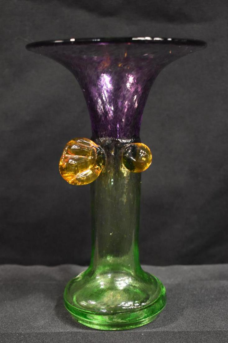Kosta Boda Multicolored Small Flare Vase: Kosta Boda Interesting Multicolored Small Flare Vase, Green to purple fade with gold colored applications. Flared mouth. Etch signed on underside. Exhibits the vinyl Kosta Boda sticker. 7 1/8" tall, 4