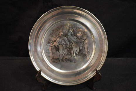 1972 Kirk Collection Sterling Flight into Egypt: 1972 Kirk Collection Sterling Flight into Egypt plate box and papers. From the original etching by Giovanni Domenico Tiepolo called The Flight to Egypt. This plate is 6.5 oz. and it measures apx. 8" d