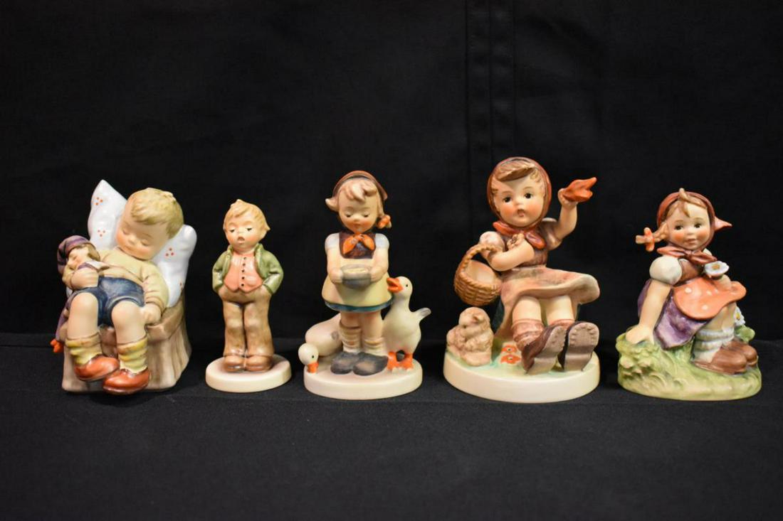 Group Of Hummel Figurines: Group Of Hummel Figurines. Total Of 5 figurines in the group. Consists of Be Patient. Just Dosing. In The Meadow. Steadfast Soprano. Farewell. Sizes range from 4"-5" tall.