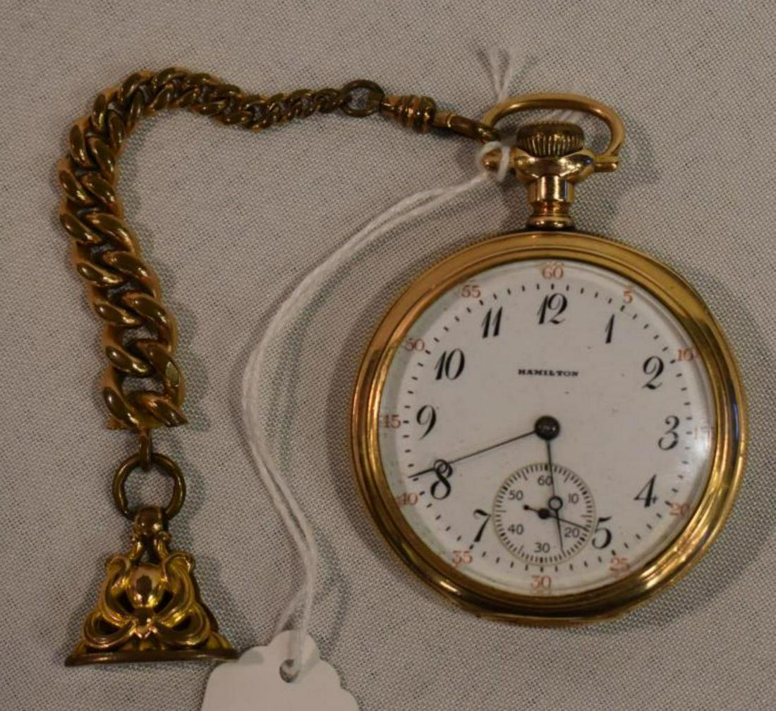 Antique Hamilton Open Face 17 J. Pocket Watch: Antique Hamilton Open Face 17 Jewel Pocket Watch With Graduated Cuban Link Fob Chain & Wax Stamp, Does Run. Stem Set. Oval Bail. White Dial, Arabic Numerals, Moon Hands. 15-16. Cresent 25 Year Case. E