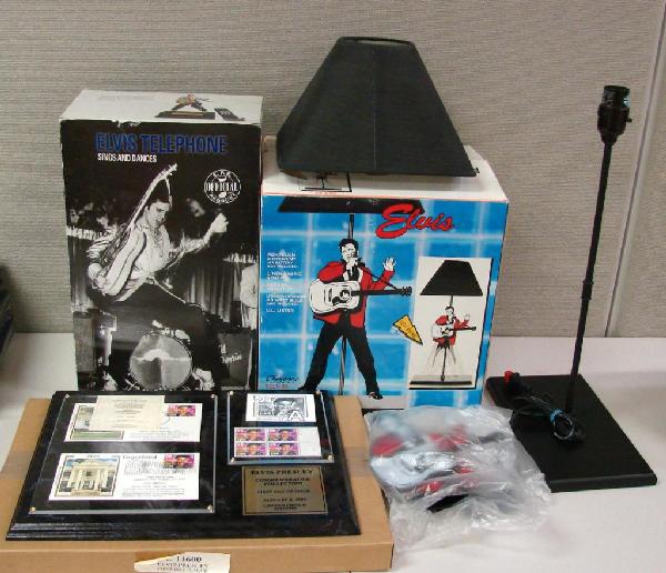 Elvis Presley Dancing Lamp, Telephone & Stamps: Elvis Presley Dancing Lamp with original box, Musical Motion Telephone with box & 1993 Elvis L.E. Stamp/postcard plaques with COA.