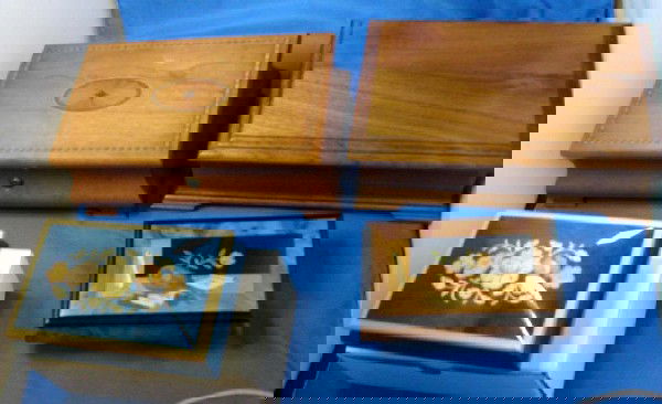4 Music Boxes - 3 are Reuge from Switzerland: 4 Music Boxes - 3 Reuge, made in Switzerland; blue box plays Rapsodie in Blue, Brown box with mandolin plays Music Box Dancer, box with inlay plays Edelweiss & another. All in working condition.
