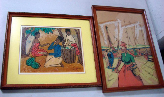 2 Vintage Photos & 2 Island Art Scenes - Framed: 2 Framed Photos Vintage Florida, 16" x 13", and 2 framed scenes of native Islanders, 17" x 12" & 13" x 16".