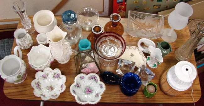 Huge lot :glass dishes, 3 Pairpoint Xmas ornament: Huge lot porcelain & glass including 3 Pairpont glass hanging Christmas ornaments with stands, hand painted dishes, vintage milk glass sting holder, etc.