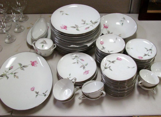 Dawn Rose by Sango - svc. for 12 china + Stemware: Dawn Rose by Sango - service for 12 dinnerware, Dowa glassware - and 14 assorted champagne/dessert glasses.