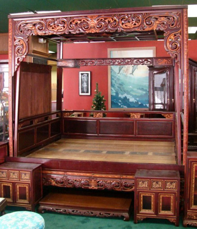Chinese Mahogany Marriage or "Opium" Bed: Elaborately Carved Chinese Mahogany Marriage or "Opium" Bed, approx. 6'8" l x 5' w x 7' h
