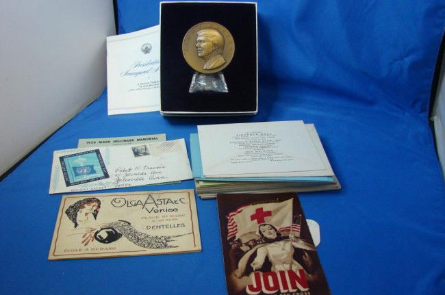 Lot of Ephemera: Ziegfeld Club 1930's ++: Lot of several invitations to the Ziegfeld Ball from the late 1930's through 1941, a lingerie ad from France in 1929, and a Franklin Mint 1977 Presidential Inaugural Medal for Jimmy Carter.