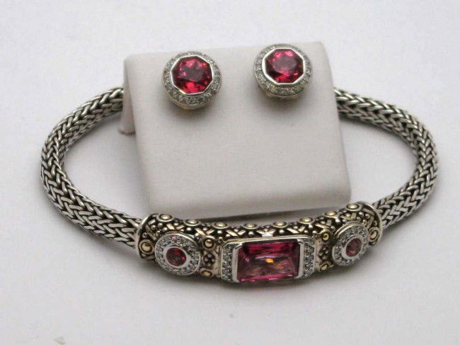 18kyg&sterling John Hardy bracelet & earrings: 18kyg and sterling pink quartz and diamond bracelet and earrings by designer John Hardy