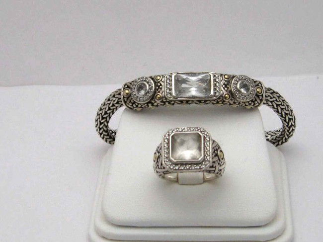 Sterling earrings 7 ring John Hardy: Sterling ring and bracelet by designer John Hardy with bezel set white quartz along with diamonds in 18kyg and sterling silver.