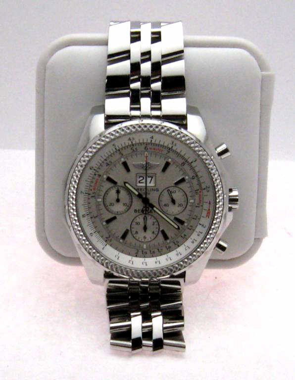 Man's Breitling stainless Bentley watch: Man's stainless Breitling Bentley Chronograph watch day-date, white silver dial and automatic movement . Serial #A44362-2159512.