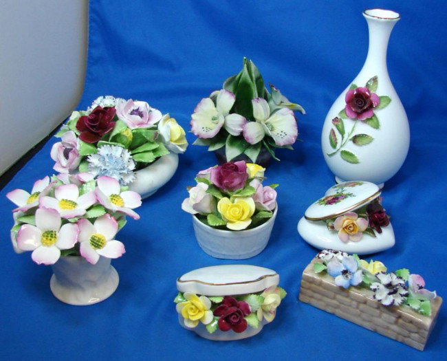Lot of Fine Bone China - Coalport, Royal Doulton: Fine Bone China: 7 flower arrangements, 5 Royal Doulton, 1 Capodimonte and 1 Coalport and a 6 1/2" Coalport vase. No chips or cracks.