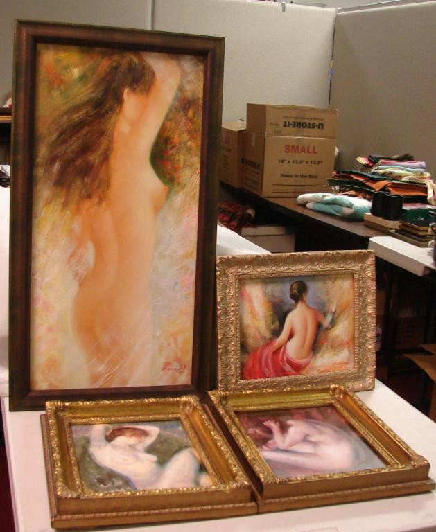 2 Original Oil Nudes Framed & 2 Framed Prints: 2 original oil on canvas nudes signed Z. Danny, 27" x 14.5" and 13" x 11" and 2 prints (or watercolors) under glass, both 11" x 13".