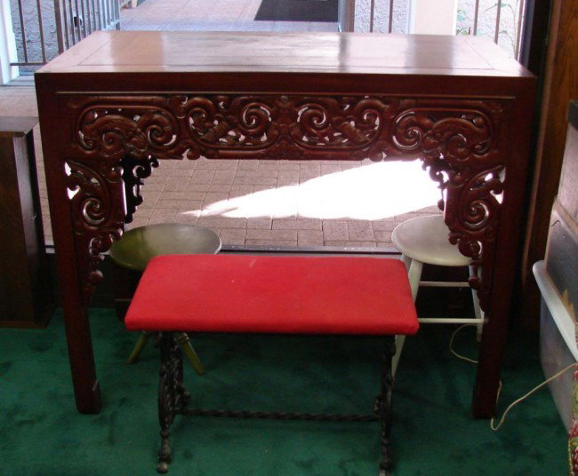 Rosewood or Mahogany Carved Sofa Table: Rosewood, or mahogany, carved Asian look sofa table; 42" wide x 21" deep x 35" high.
