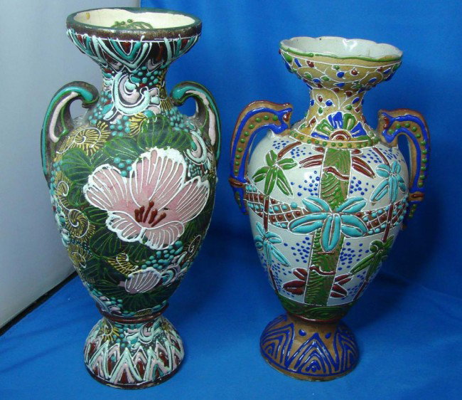 Pair Glazed Ironstone vases w/applied enamel: Pair Glazed Ironstone pedestal footed vases with applied enamel. 9.5" and 9" tall.