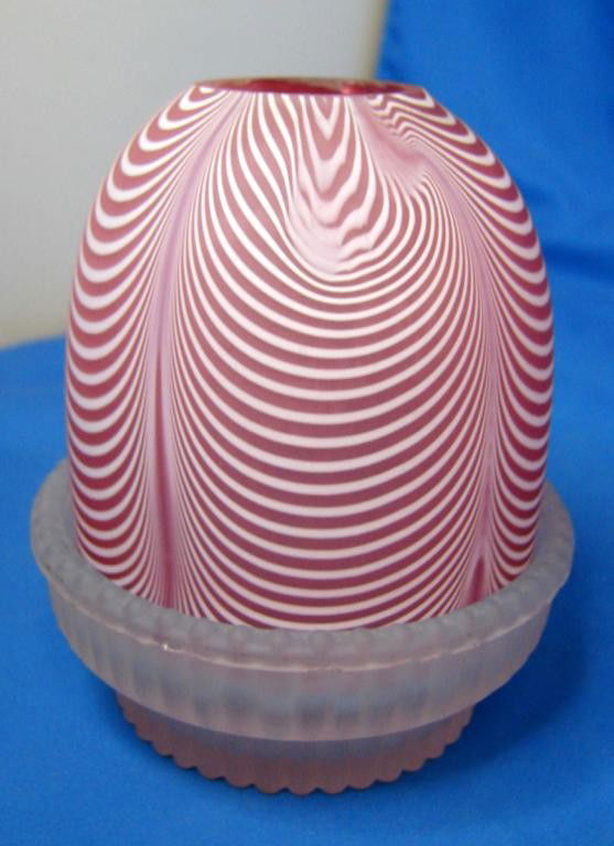 Nailsea glass fairly lamp in Clarke bottom: Nailsea glass fairly lamp, sits in Clarke pie-crust rim bottom; inside top rim has some flakes - rough to the touch.