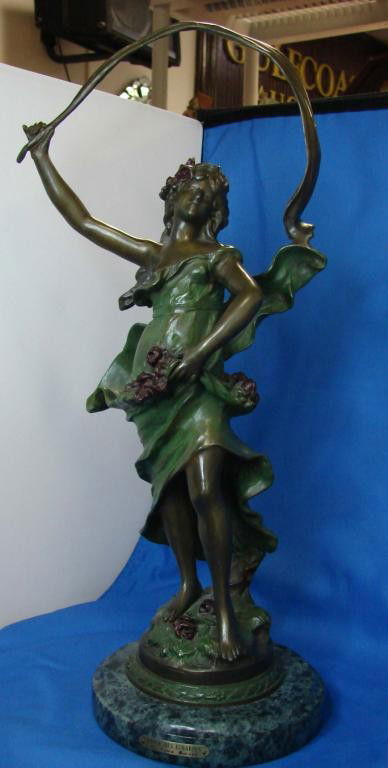 Bronze Sculpture by A. Moreau Dance Des Echarpes: Bronze Sculpture, partially patinated, by Louis Auguste Moreau Dance Des Echarpes, Dance with Scarves, on marble base; 20" tall.