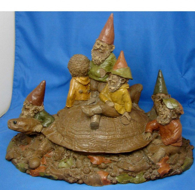 Tom Clark Gnome 7-Up, #65 w/COA: TOM CLARK GNOME 7-Up, by Cairn Studio; 7 gnomes riding a large turtle, all named after soft drinks: Tab, Shasta, Sprite, Pib, Bark, RC & Doc. Hand-signed by Tom Clark on a hat & on bottom & dated 9-7-