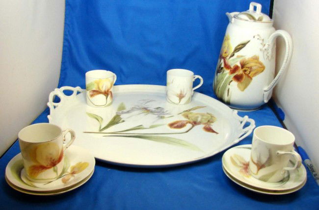 Antique Coffee Set w/Pot & Tray Haviland 1880's: Coffee Pot with lid, 4 demitasse cups and saucers (one cup has chip - see photo) and a 16" diameter tray, hand painted with Irises, stamped CFH/GDM - which stands for Gerard Dufraissein et Morel, Char