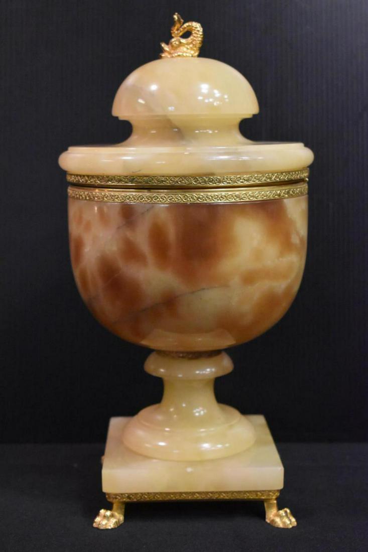 Large Lidded Alabaster Vase or Urn With Brass (1 of 7)