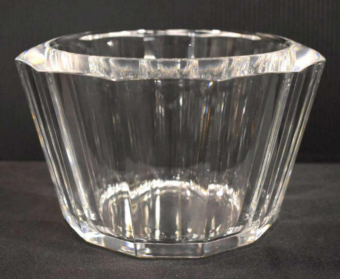 Clear Crystal Orrefors Faceted Bowl EL 4808 12: Clear Crystal Orrefors Faceted Bowl. Etch signed on the underside "Orrefors EL 4808-12". Orrefors sticker is present on faceted side. Sticker residue is present. Round inside area. 6.75" across, 4.25"