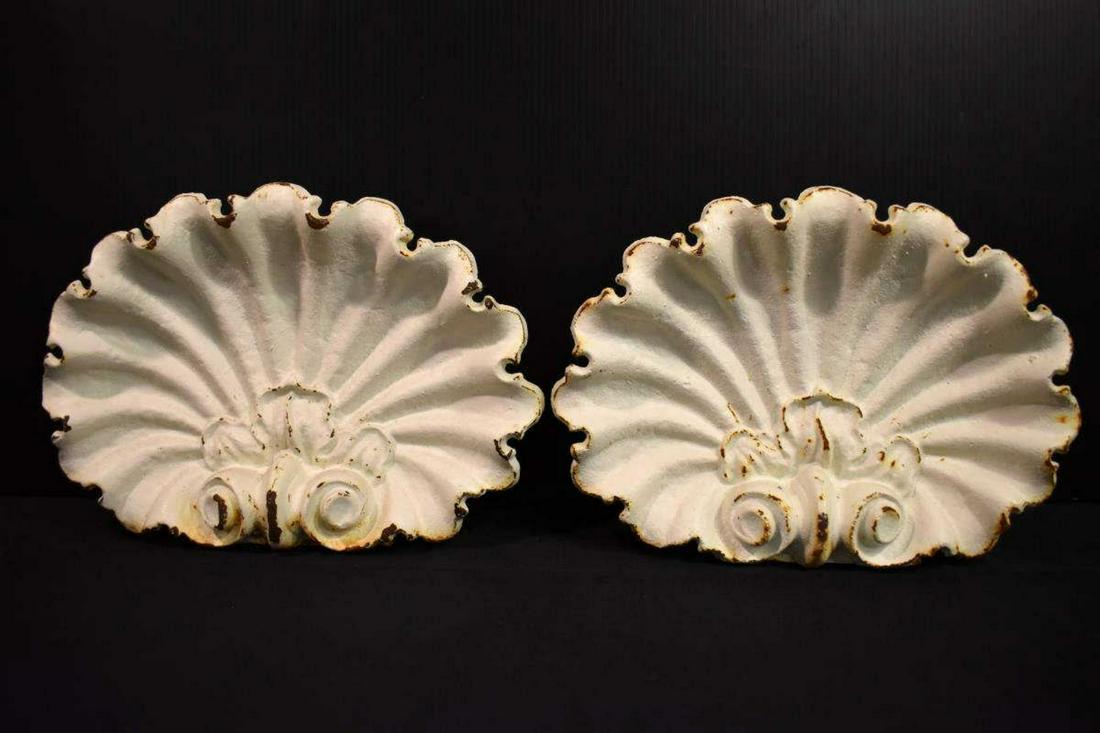Vintage Cast Iron Seashell Door Stops: Pair of Vintage Cast Iron Seashell Door Stops. White painted surfaces with a rustic look including exposed rusty areas. 10 3/8" across, 7 3/8" tall & 10.5 lbs total. Bookends.