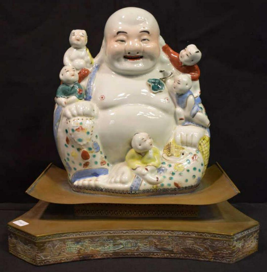 Laughing Buddha Porcelain Figurine On Brass Base (1 of 5)