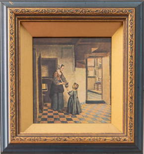 Small Print After Pieter de Hooch: Small Print After Pieter de Hooch. "La Chambre aux Provisions", (Woman with a Child in a Pantry), print on board in a foliate decorated frame, 7"h. 6 3/4"w.